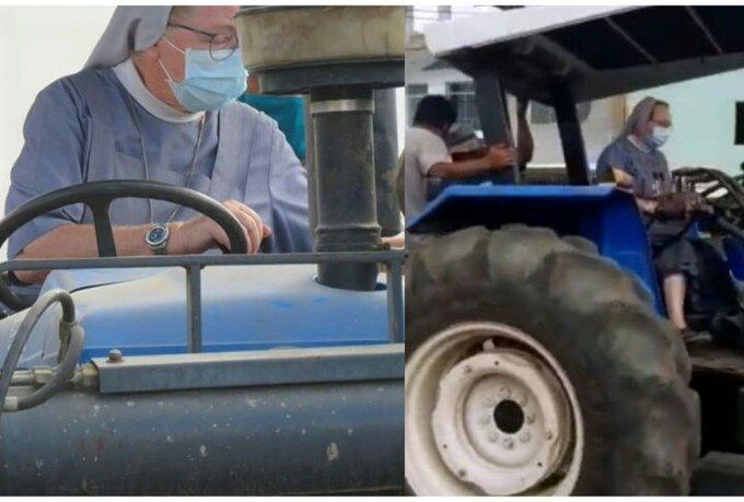 Perú: Una monja desinfecta las calles de su pueblo arriba de un tractor